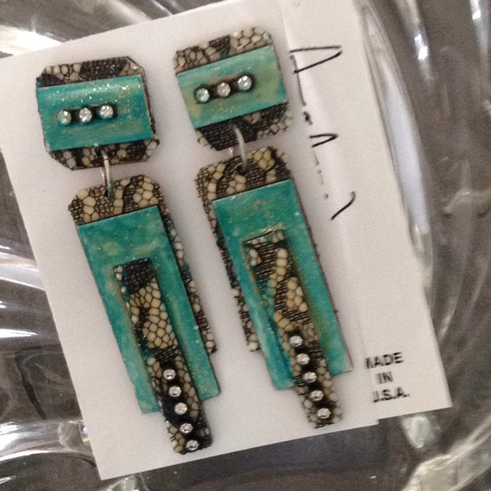 Lace fabric retro handmade  Black Aqua earrings